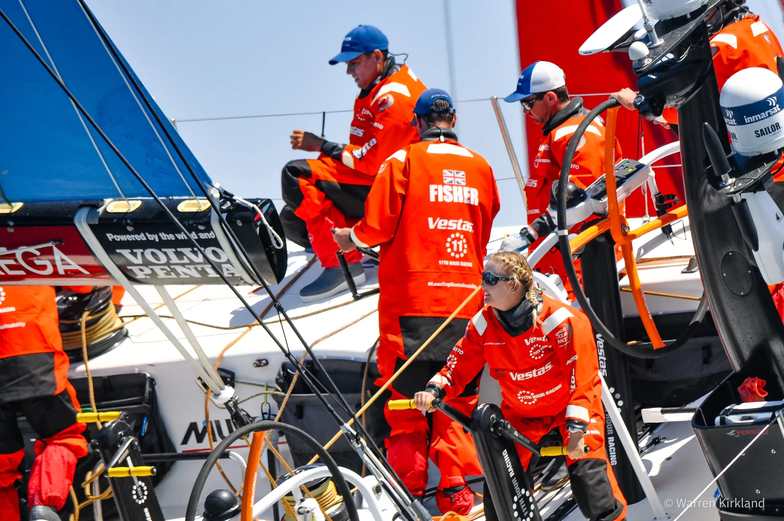 Team Vestas crew working the deck of their yacht, Volvo Ocean Race