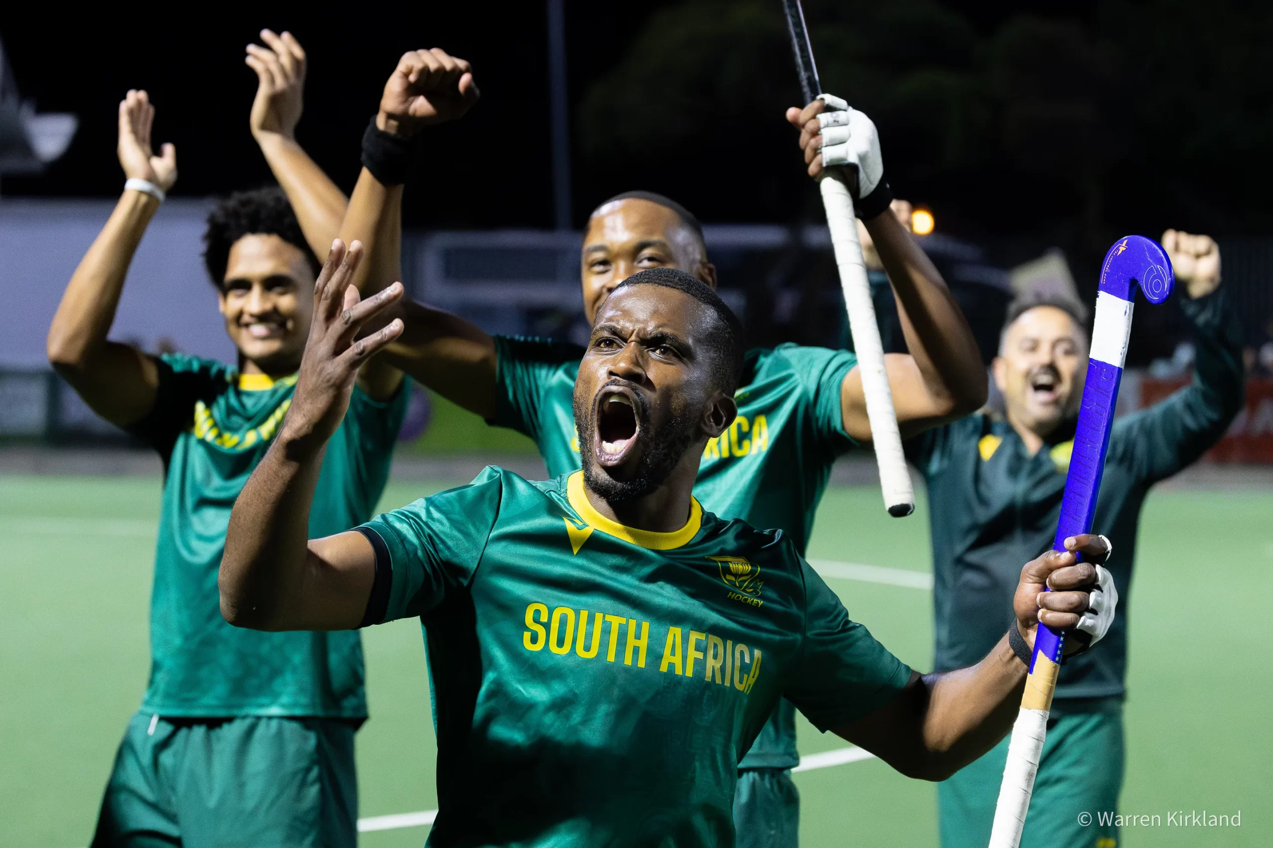 South Africa hockey players celebrating a goal, FIH Hockey Men's Nations Cup