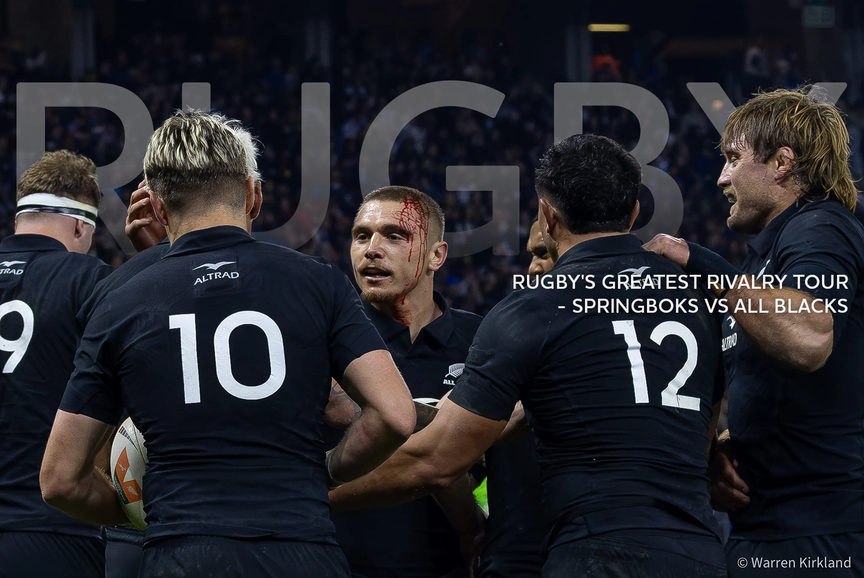 Bloodied All Blacks player in a team huddle, Rugby's Greatest Rivalry Tour - Springboks vs All Blacks